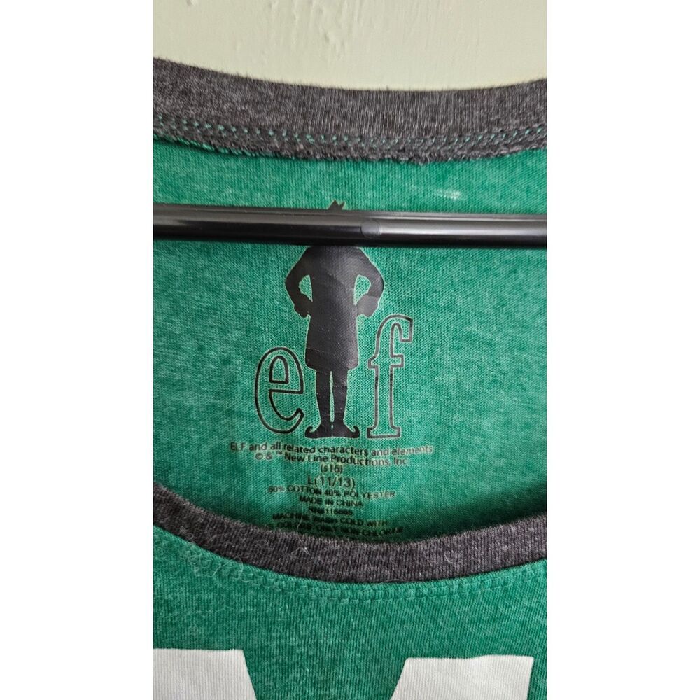 ELF Christmas Graphic Raglan Baseball Tee Juniors Size L (11/13) OMG Santa Green - Picture 2 of 3
